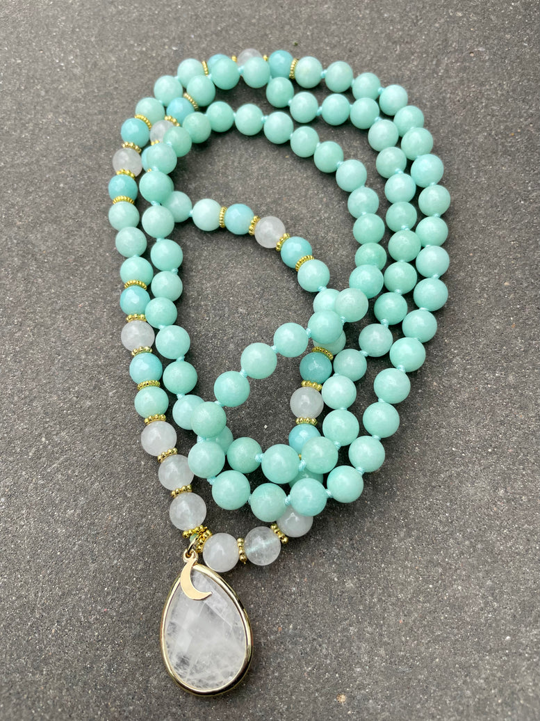 Lunar Resonance Moon Goddess Amazonite & Moonstone Necklace 108 Mala Beads | Prayer Beads | Meditation | Worry Beads | Rosaries | Crystal