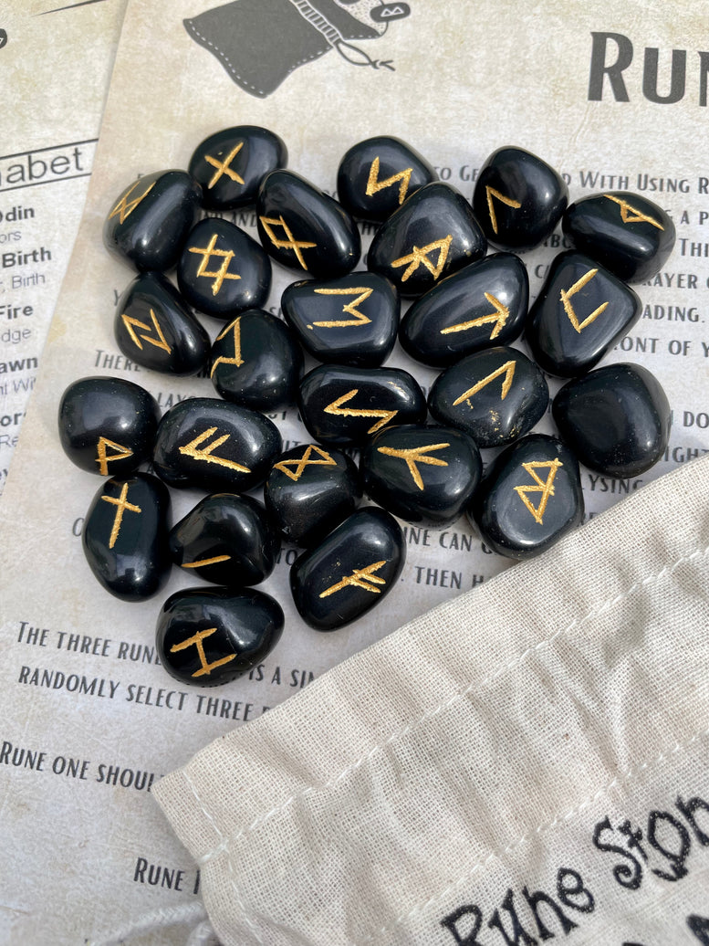 Natural Black Onyx Runes Stones Set | Viking | Elder Futhark | Divination | Spiritual Healing | Crystals | Stones | Pagan | Witchcraft