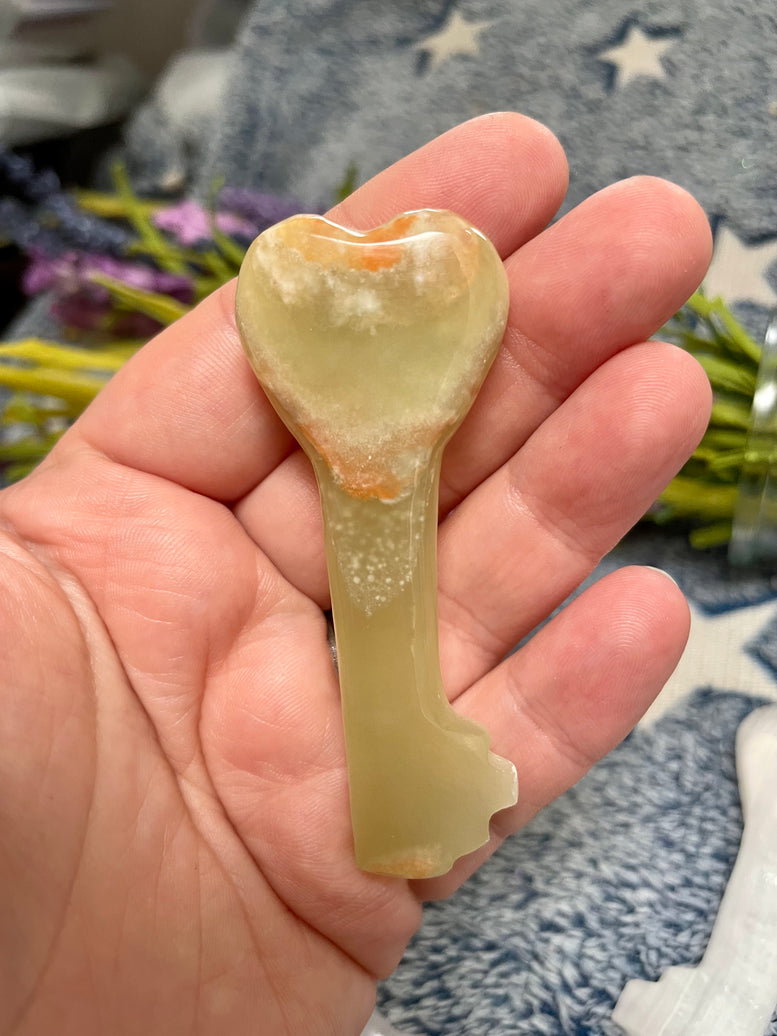 Natural Pink Calcite & Green Onyx Key Carving Crystals | Witchcraft | Wiccan | Pagan | Healing | Onyx | Gemstones | Crystal | Ornament