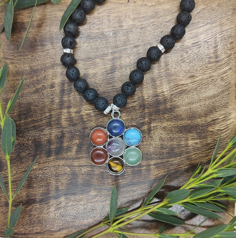 Unique Flower Pendant Chakra Lava Bead Necklace | Chakras | Reiki | Spirituality | Crystal Healing | Witchcraft | Wiccan | Pagan | jewellery