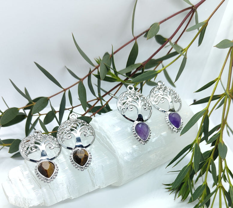 Natural Amethyst and Tigers Eye Tree of Life Teardrop Dangle Earrings | Witchcraft | Wiccan | Pagan | Jewellery | Gift | Boho | Jewelry