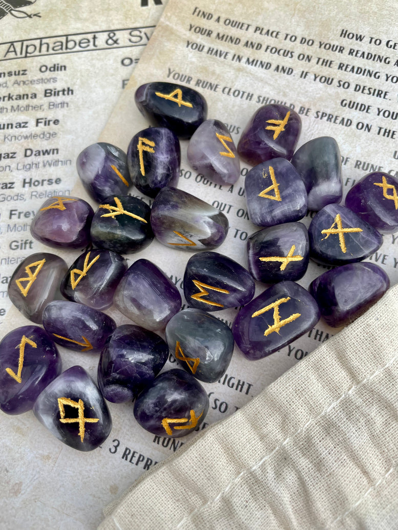 Natural Amethyst Runes Stones Set | Viking | Elder Futhark | Divination | Spiritual Healing | Crystals | Stones | Pagan | Witchcraft