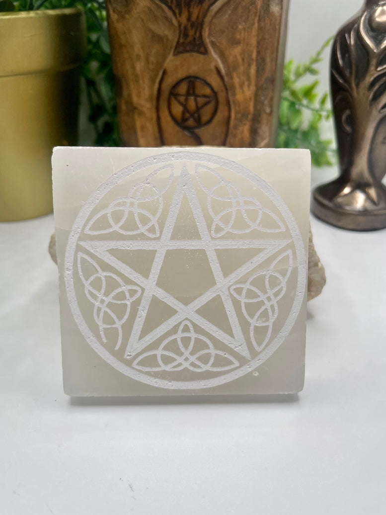 Hand Made Laser Engraved Pentagram Selenite Charging Plate | Witchcraft | Wiccan | Pagan | Reiki | Chakra | Crystals | Crystal Charging