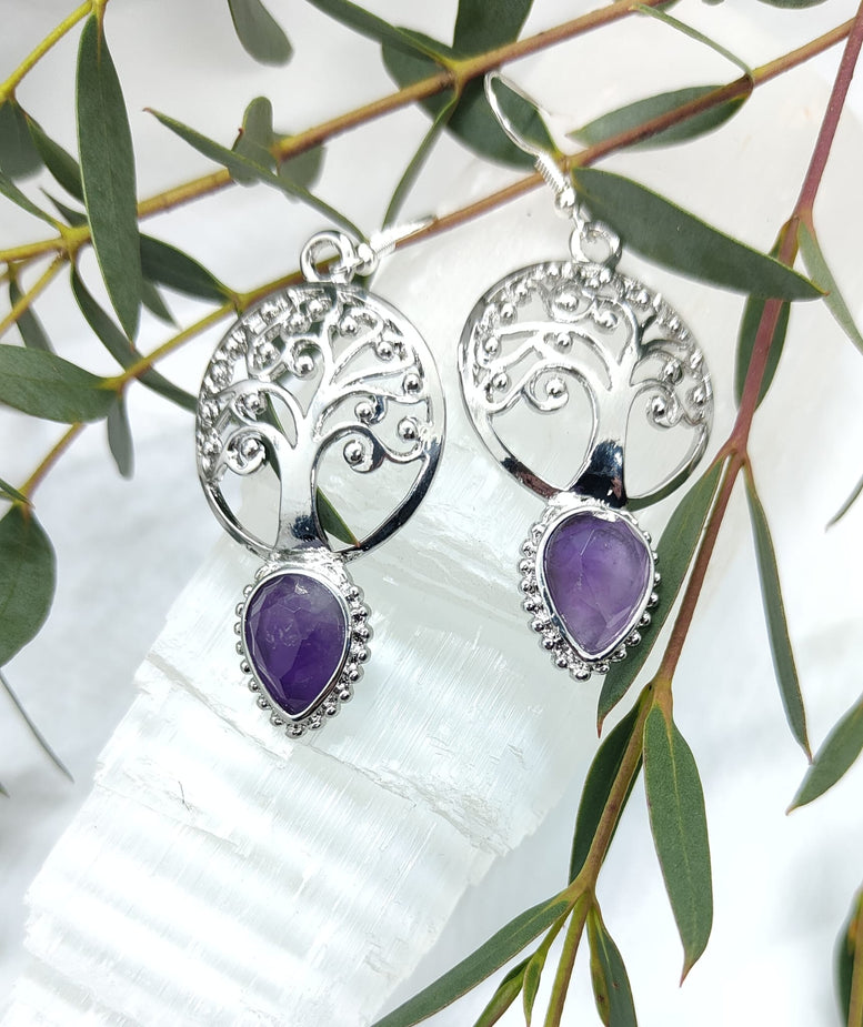 Natural Amethyst and Tigers Eye Tree of Life Teardrop Dangle Earrings | Witchcraft | Wiccan | Pagan | Jewellery | Gift | Boho | Jewelry