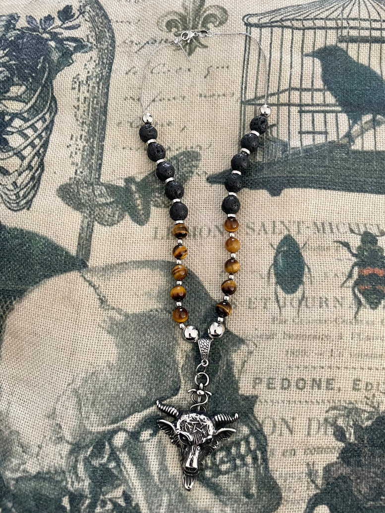 Unique Horned God Crystal Necklace | Tigers Eye | Lava Beads | Charms | Jewellery | Witchcraft | Wiccan | Pagan | Baphomet | Occult | Gift