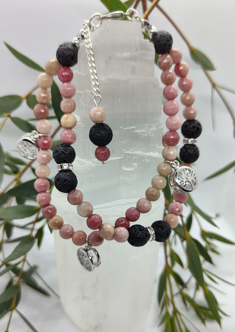 Unique Tree of Life Rhodonite & Red Jasper double chain Bracelet | Gift | Witchcraft | Wiccan | Pagan | Gemstone | Jewellery | Natural