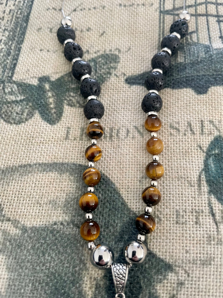 Unique Horned God Crystal Necklace | Tigers Eye | Lava Beads | Charms | Jewellery | Witchcraft | Wiccan | Pagan | Baphomet | Occult | Gift