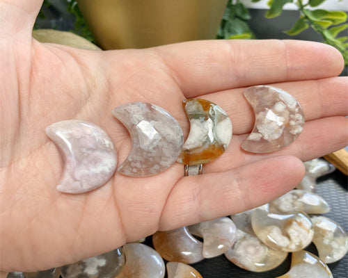 Natural Cherry Blossom Agate Moon | Flower Blossom | Crystal Moon | Crescent Moon | Polished | Crystal | Pocket Stone | Palm Stone