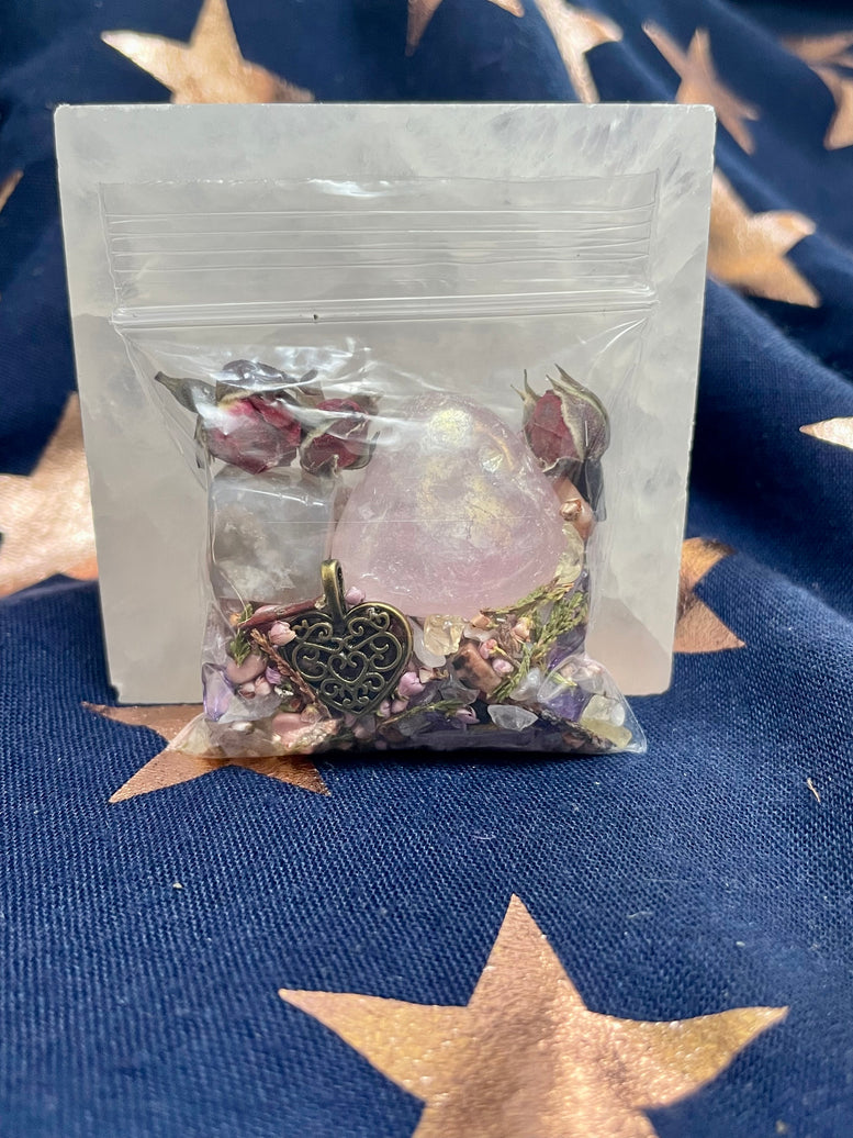 Love/Self-Love Intention Pouch | Manifestations | Pagan | Witchcraft | Wiccan | Crystals | Chips | Herbs | Rose Quartz | Amethyst