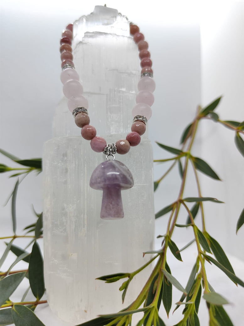 Unique Handmade Frosted Rose Quartz, Rhodonite & Amethyst Mushroom Charm Bracelet | Wiccan | Pagan | Crystal Healing | Chakra | Reiki | Gift