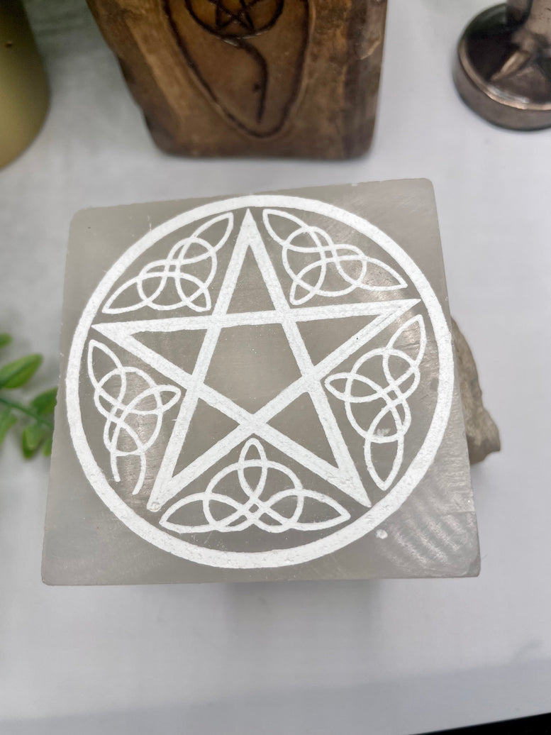 Hand Made Laser Engraved Pentagram Selenite Charging Plate | Witchcraft | Wiccan | Pagan | Reiki | Chakra | Crystals | Crystal Charging