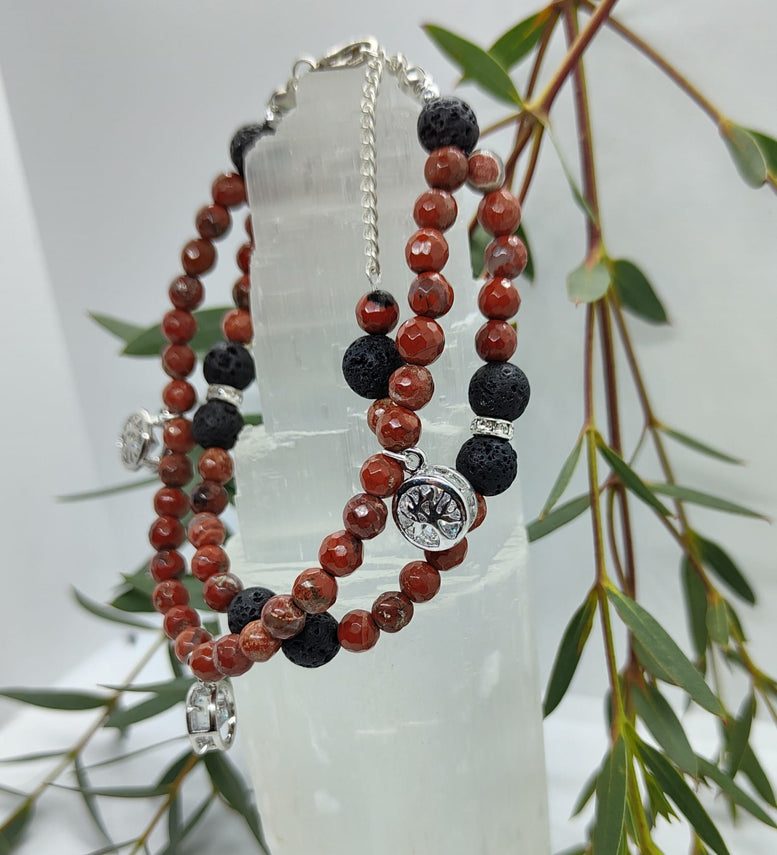 Unique Tree of Life Rhodonite & Red Jasper double chain Bracelet | Gift | Witchcraft | Wiccan | Pagan | Gemstone | Jewellery | Natural