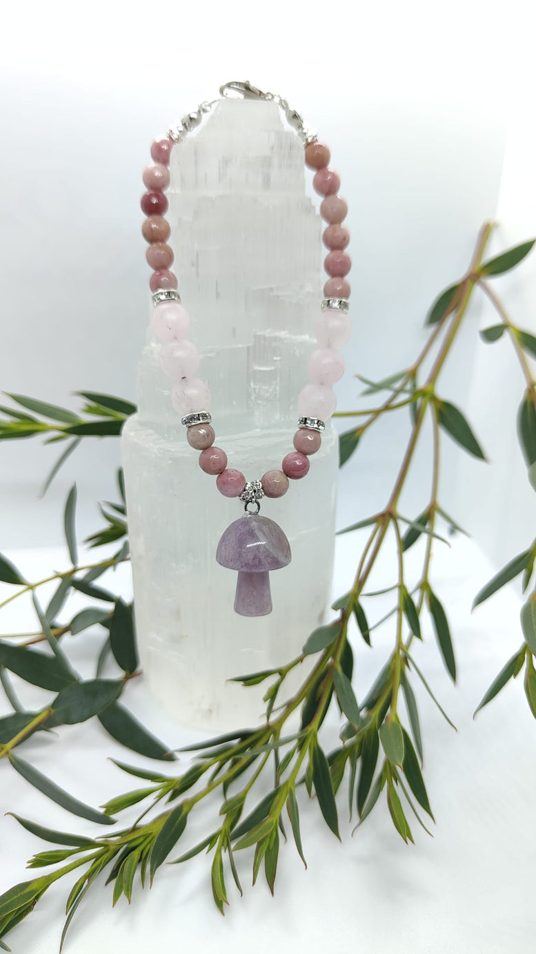 Unique Handmade Frosted Rose Quartz, Rhodonite & Amethyst Mushroom Charm Bracelet | Wiccan | Pagan | Crystal Healing | Chakra | Reiki | Gift