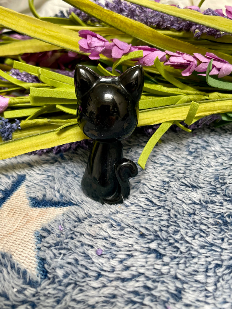 Lunar Moon Cat Natural Black Obsidian Crystal Carving | Black Cat | Kitty | Witchcraft | Wiccan | Pagan | Reiki | Chakra