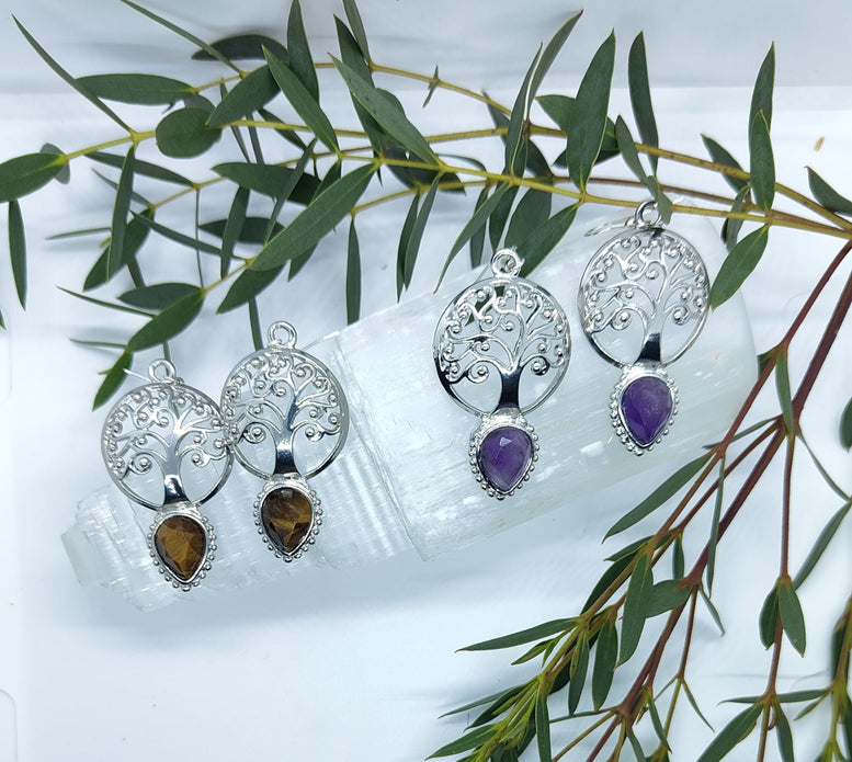 Natural Amethyst and Tigers Eye Tree of Life Teardrop Dangle Earrings | Witchcraft | Wiccan | Pagan | Jewellery | Gift | Boho | Jewelry