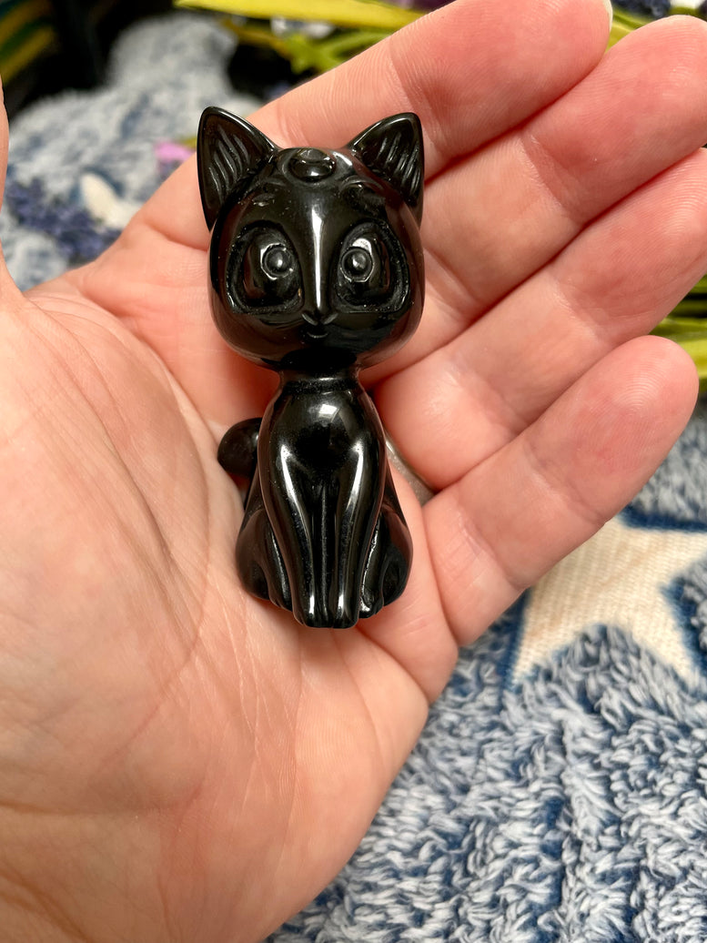 Lunar Moon Cat Natural Black Obsidian Crystal Carving | Black Cat | Kitty | Witchcraft | Wiccan | Pagan | Reiki | Chakra