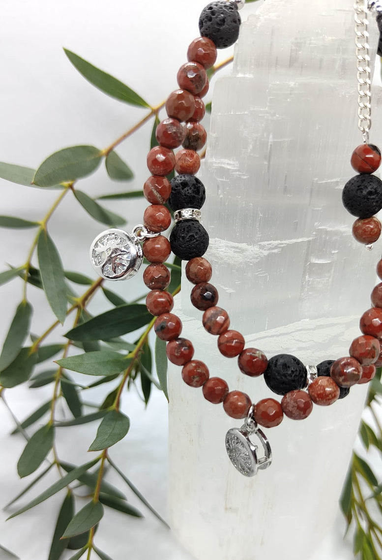 Unique Tree of Life Rhodonite & Red Jasper double chain Bracelet | Gift | Witchcraft | Wiccan | Pagan | Gemstone | Jewellery | Natural