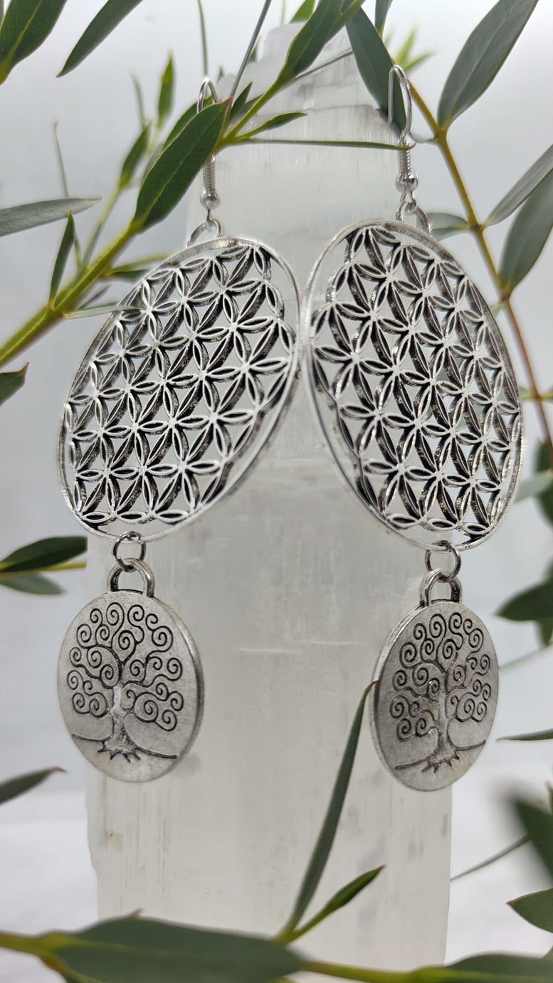 Large Flower of Life & Tree of Life Chandelier Earrings | Wiccan | Pagan | Spirituality | Jewellery | Gift | Boho | Witchy | Dangle | Charms