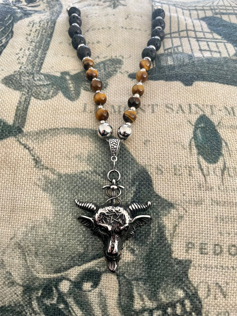 Unique Horned God Crystal Necklace | Tigers Eye | Lava Beads | Charms | Jewellery | Witchcraft | Wiccan | Pagan | Baphomet | Occult | Gift