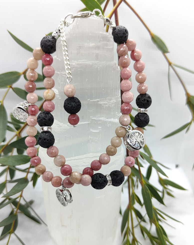 Unique Tree of Life Rhodonite & Red Jasper double chain Bracelet | Gift | Witchcraft | Wiccan | Pagan | Gemstone | Jewellery | Natural