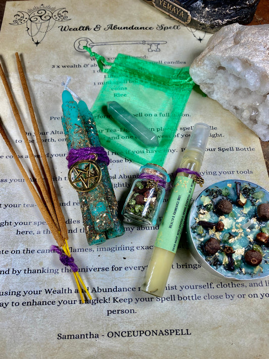 Wealth & Abundance Spell Kit | Money | Witchcraft | Wiccan | Pagan | Spell | Spell Candles | Incense | Crystals