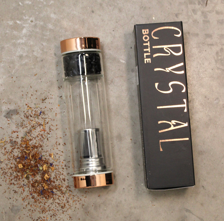 Crystal Glass Tea Infuser Bottle - Rose Gold | Amethyst | Rose Quartz | Quartz | Red Jasper | Onyx | Witchcraft | Wiccan | Pagan | Gift