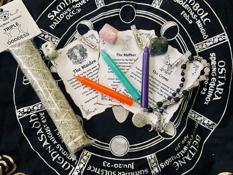 Maiden, Mother, Crone Witches Gift Set | Triple Moon Goddess | Spell Kit | Deity | Worship | Spell Candles | Spell Oils | Smudge | Incense