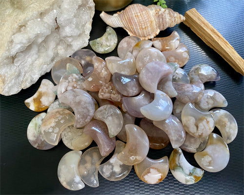 Natural Cherry Blossom Agate Moon | Flower Blossom | Crystal Moon | Crescent Moon | Polished | Crystal | Pocket Stone | Palm Stone