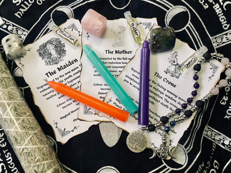 Maiden, Mother, Crone Witches Gift Set | Triple Moon Goddess | Spell Kit | Deity | Worship | Spell Candles | Spell Oils | Smudge | Incense