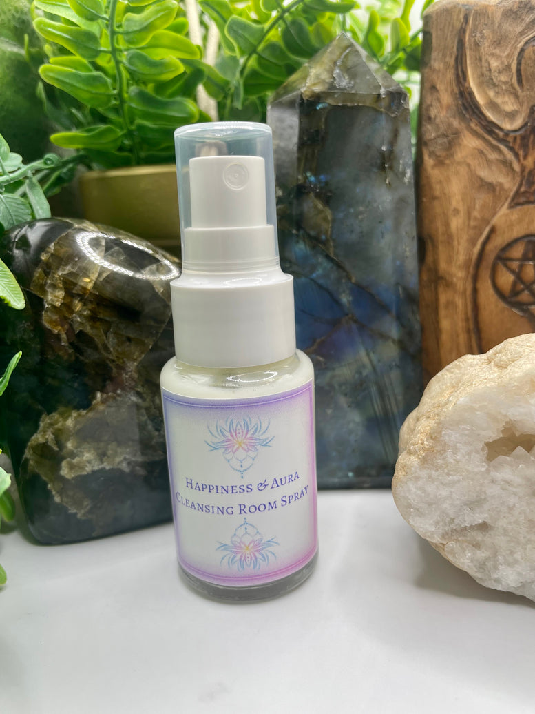 30ml Happiness & Aura Cleansing Sacred Ritual Room Spray | Happy | Witchcraft | Wiccan | Pagan | Mist | Crystal Infused | Herbs