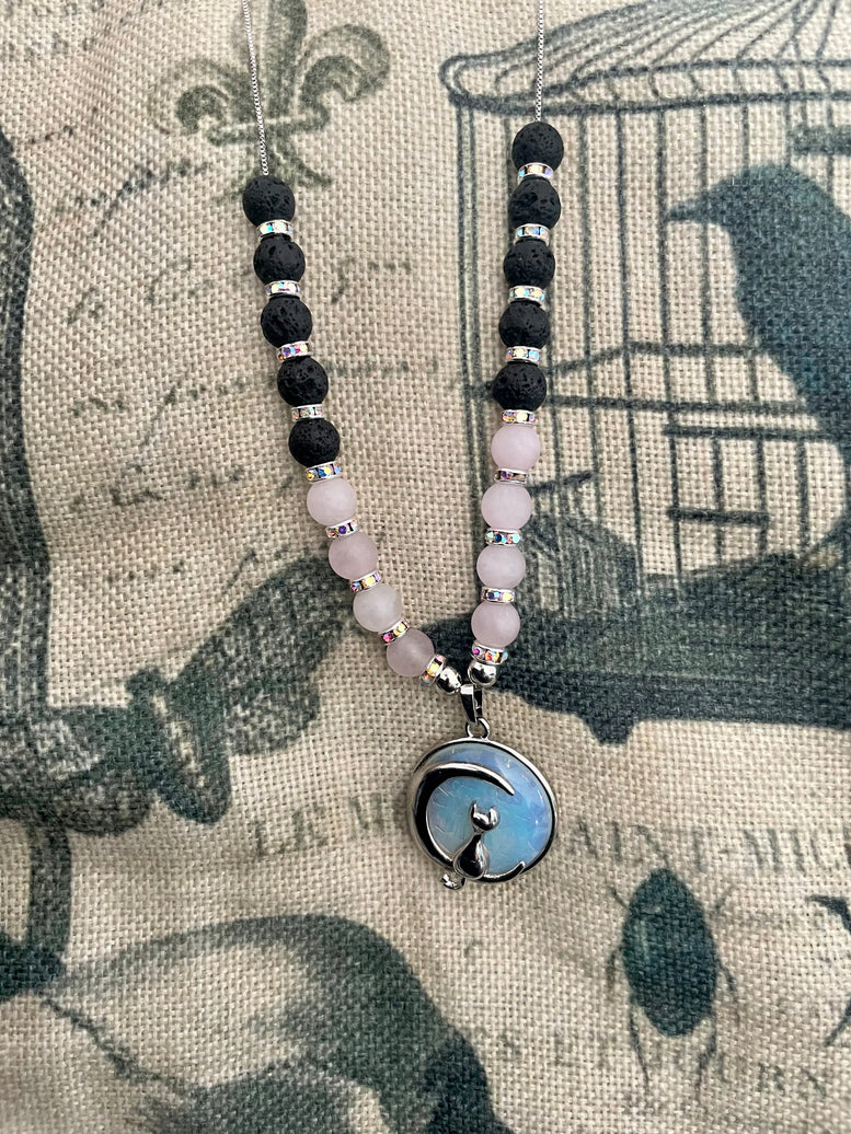 Opalite Cat and Moon pendant crystal necklace | Rose Quartz | Opalite | Necklace | Jewellery | Witchy | Wicca | Pagan | Costume Jewellery