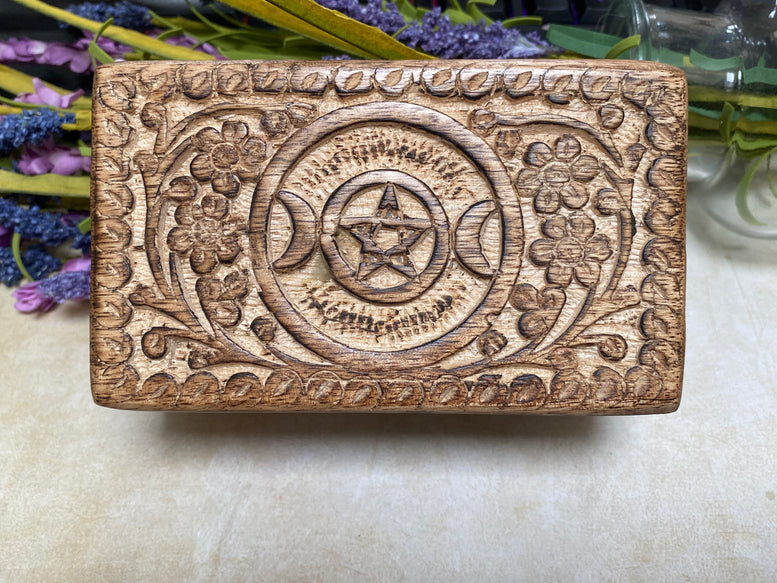 5x3 Inches Hand Carved Triple Moon Pentagram Chest | Box | Trinket | Pagan | Witchcraft | Wiccan | Moon | Triple Moon