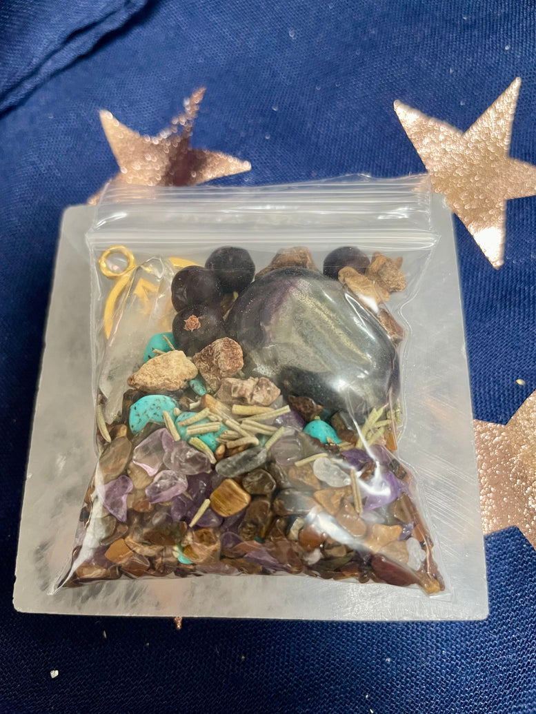 Protection Intention Pouch | Manifestations | Pagan | Witchcraft | Wiccan | Crystals | Chips | Herbs | Hematite | Tigers eye