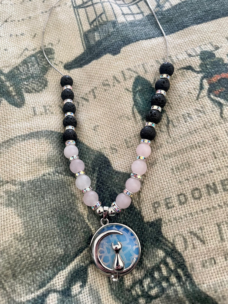 Opalite Cat and Moon pendant crystal necklace | Rose Quartz | Opalite | Necklace | Jewellery | Witchy | Wicca | Pagan | Costume Jewellery