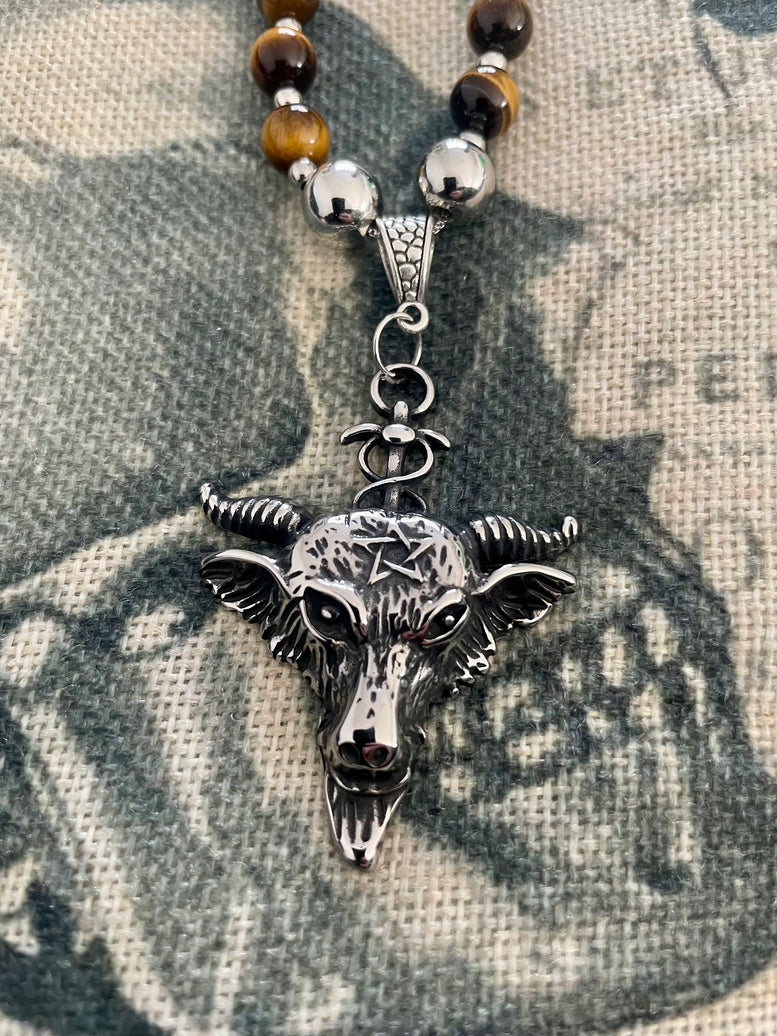 Unique Horned God Crystal Necklace | Tigers Eye | Lava Beads | Charms | Jewellery | Witchcraft | Wiccan | Pagan | Baphomet | Occult | Gift