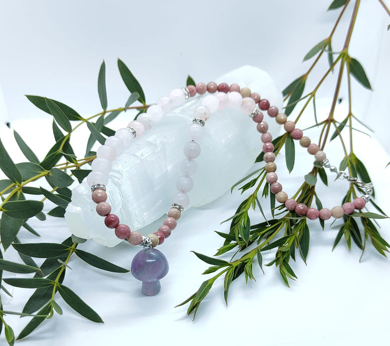Unique Handmade Frosted Rose Quartz, Rhodonite & Amethyst Mushroom Charm Necklace | Wiccan | Pagan | Crystal Healing | Chakra | Reiki | Gift