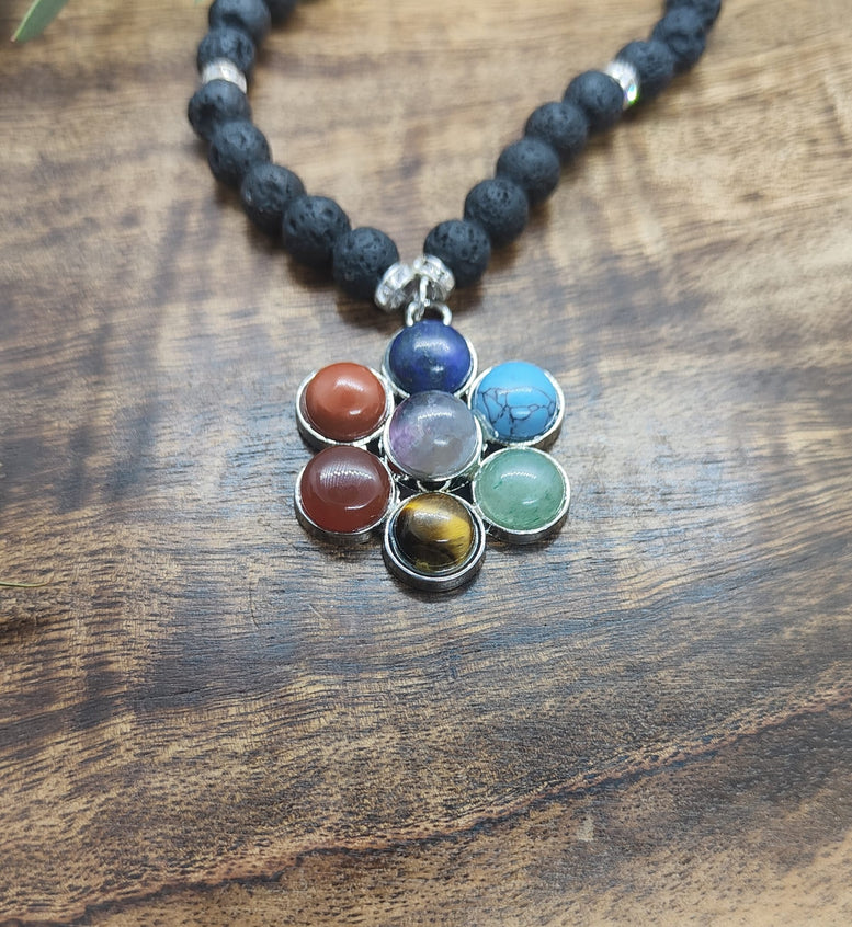 Unique Flower Pendant Chakra Lava Bead Necklace | Chakras | Reiki | Spirituality | Crystal Healing | Witchcraft | Wiccan | Pagan | jewellery