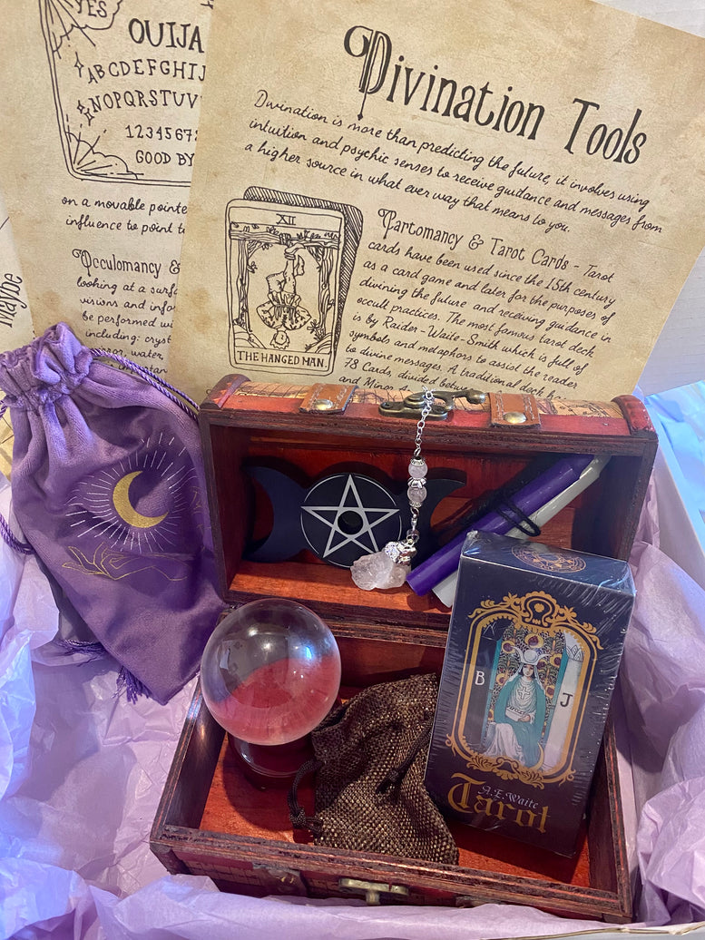 Starter/Beginners Divination Chest Gift Set | Tarot Cards | Crystal Ball | Pendulum | Spell Candles | Wicca | Pagan | Witchcraft