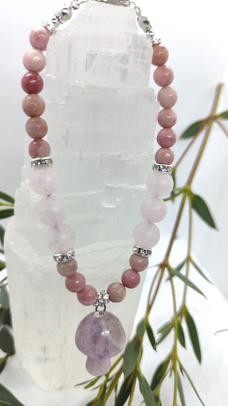 Unique Handmade Frosted Rose Quartz, Rhodonite & Amethyst Mushroom Charm Bracelet | Wiccan | Pagan | Crystal Healing | Chakra | Reiki | Gift