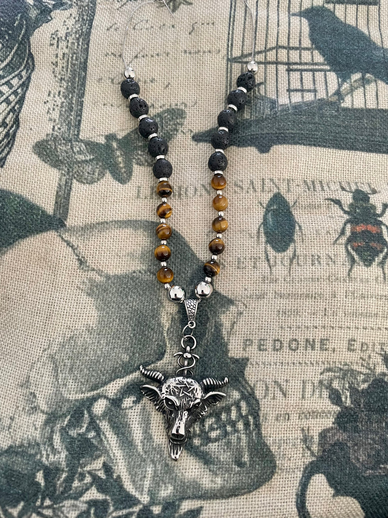 Unique Horned God Crystal Necklace | Tigers Eye | Lava Beads | Charms | Jewellery | Witchcraft | Wiccan | Pagan | Baphomet | Occult | Gift