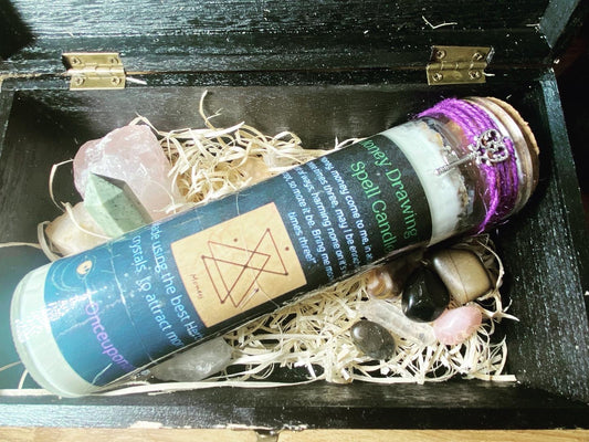 7 day herb and crystal infused Money Drawing Spell Candle | Witchcraft | Pagan | Wiccan | Money | Ritual Candle