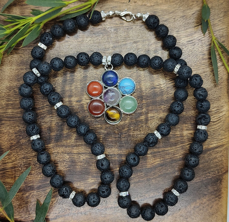Unique Flower Pendant Chakra Lava Bead Necklace | Chakras | Reiki | Spirituality | Crystal Healing | Witchcraft | Wiccan | Pagan | jewellery
